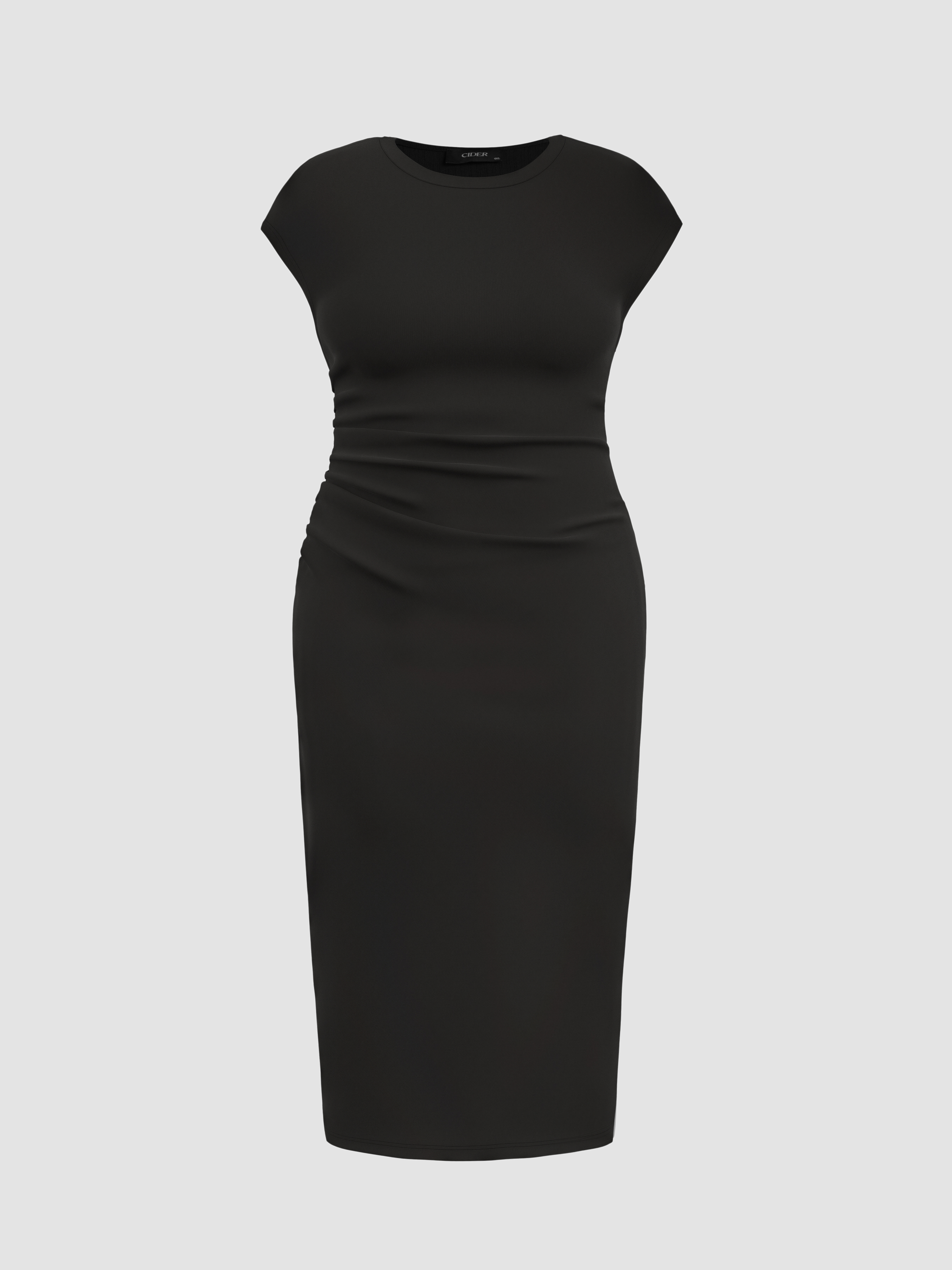 Knit Fabric Round Neckline Ruched Midi Dress Curve And Plus For Daily Casual