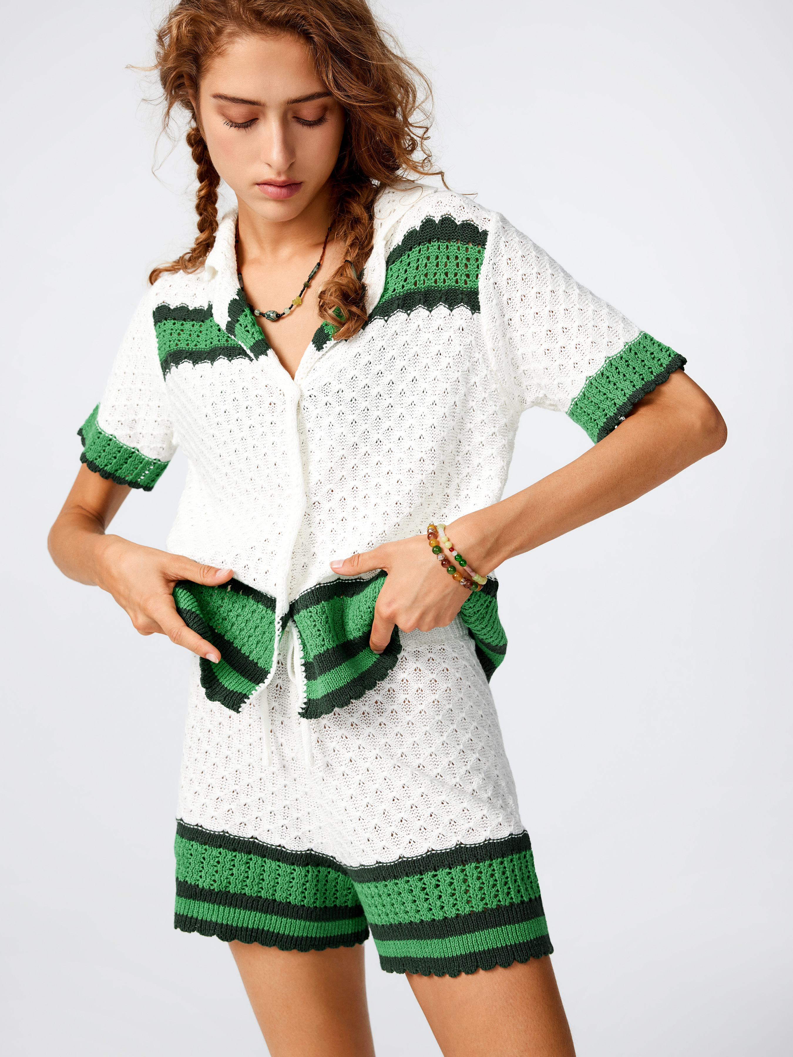 【SCENERITY】Medi collar short sleeve knit Knit Stripe Collar Short Sleeve Top & Shorts Matching set
