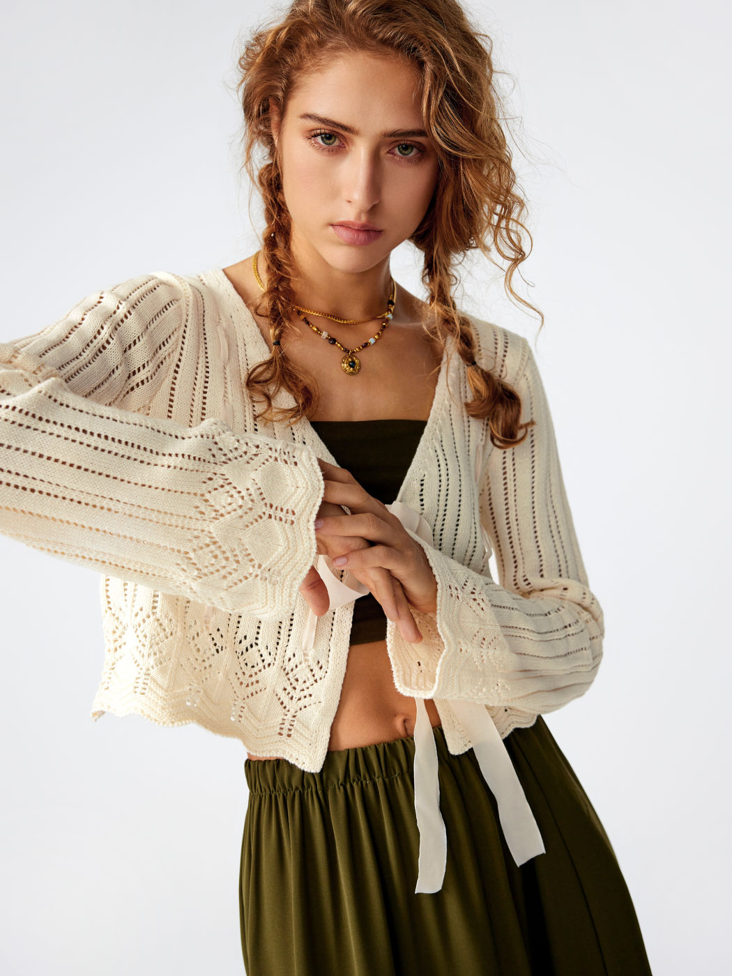 V-neck Tie Front Bowknot Cardigan For Picnic Outdoor