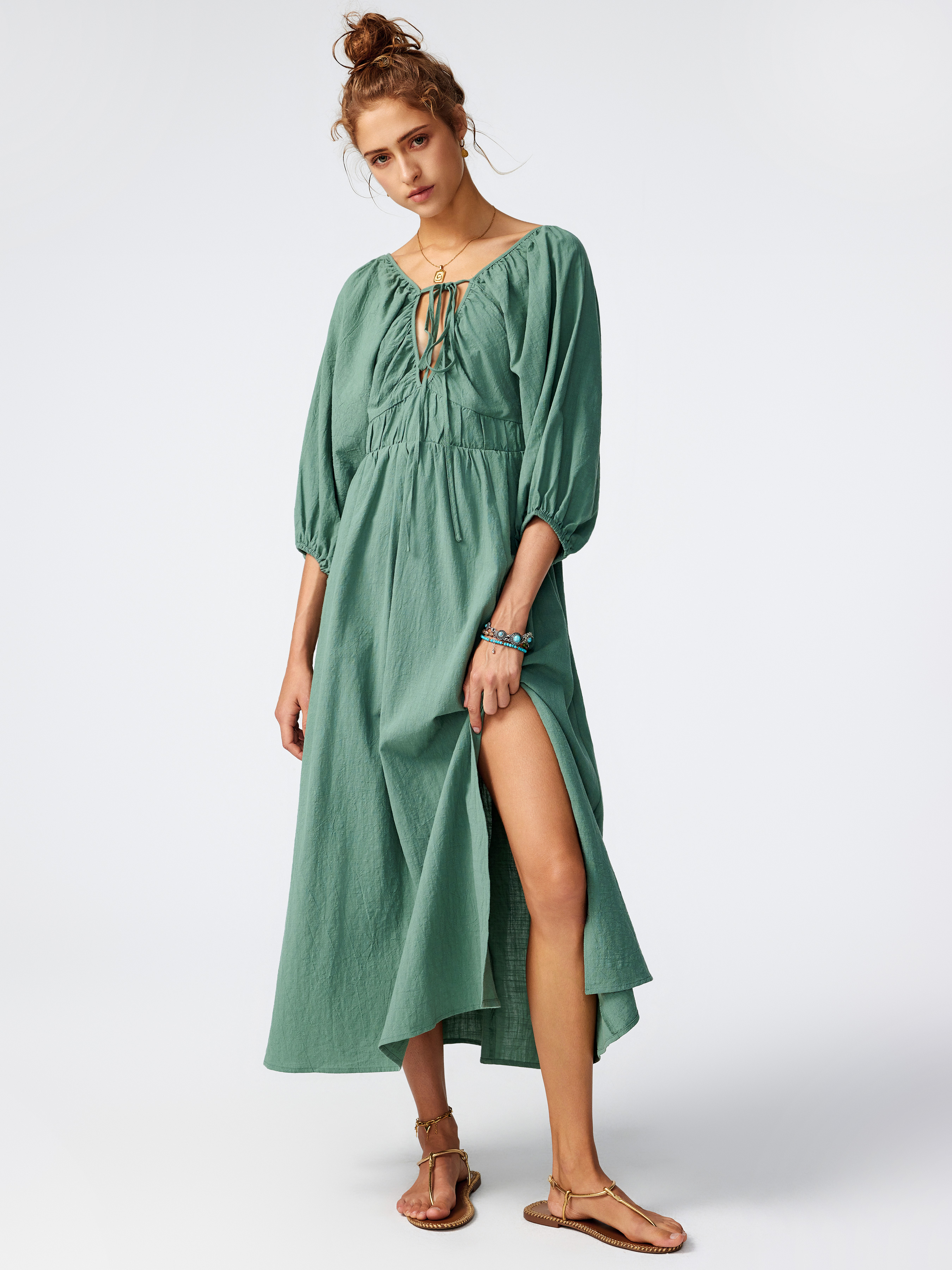 V-neck Solid Knotted Maxi Dress For Daily Casual Vacation