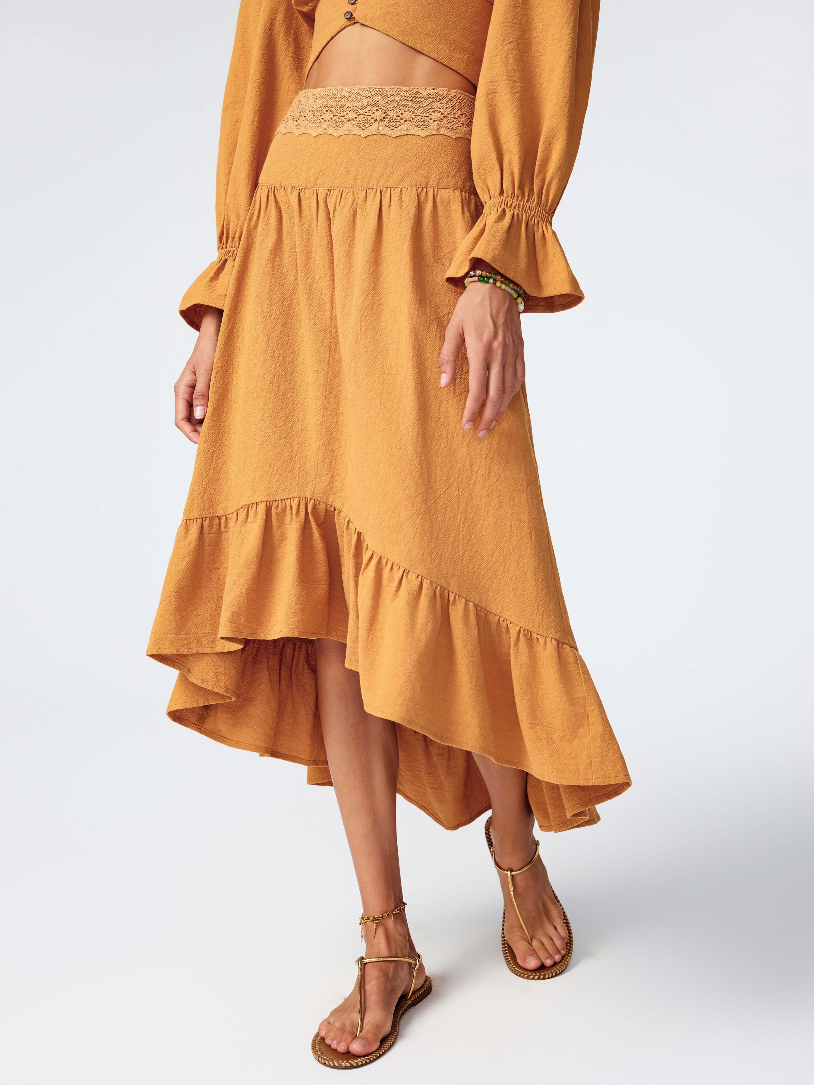 【BAON】Tour Summer Check Frill Midi Skirt Woven High Waist Lace Ruffle Midi Skirt For Vacation Holiday