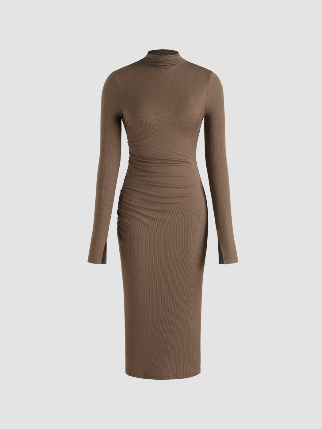 Hochgeschlossenes Unifarbenes Gerafftes Midikleid