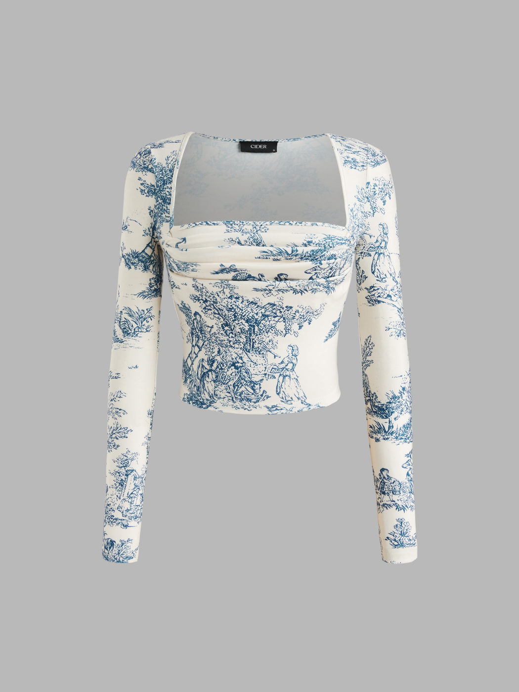 Toile de Jouy Square Neck Ruched Long Sleeve Crop Top