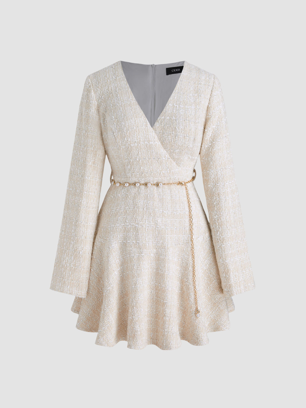 Tweed V-neck Solid Faux Pearl Mini Dress