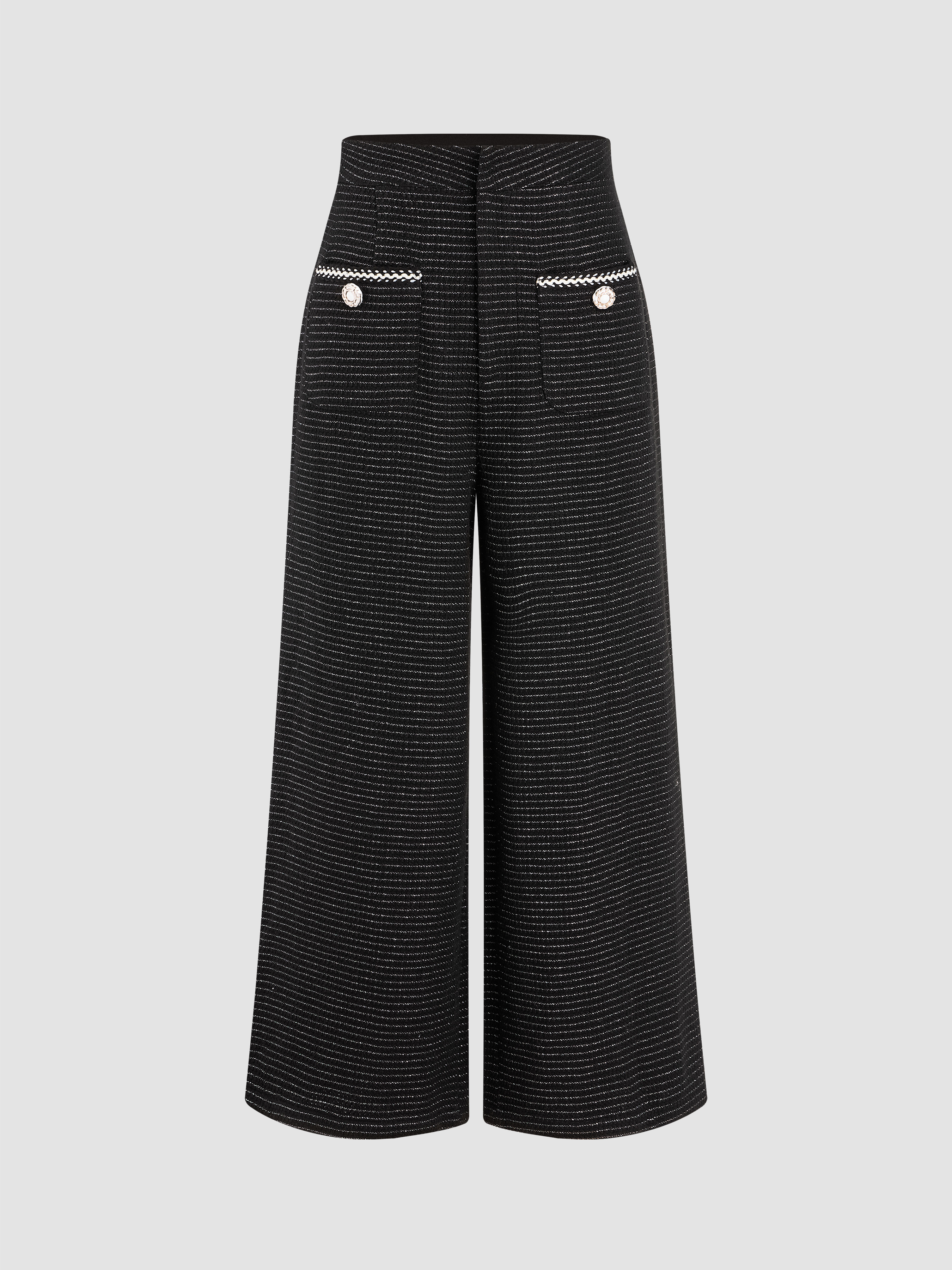 Tweed Mid Waist Solid Button Wide Leg Trousers For Exhibition 