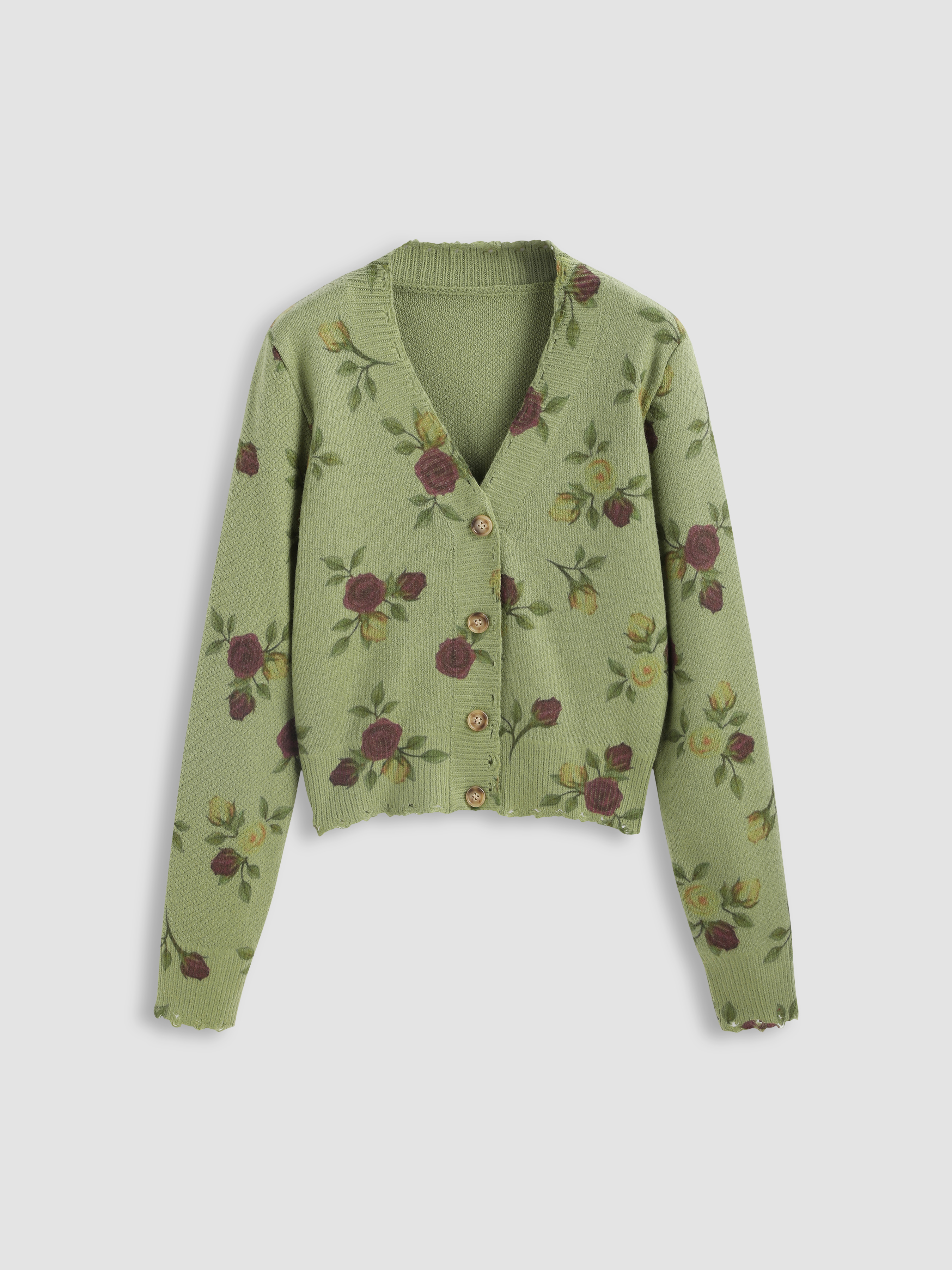 Wool-blend V-neck Floral Button Cardigan - Cider