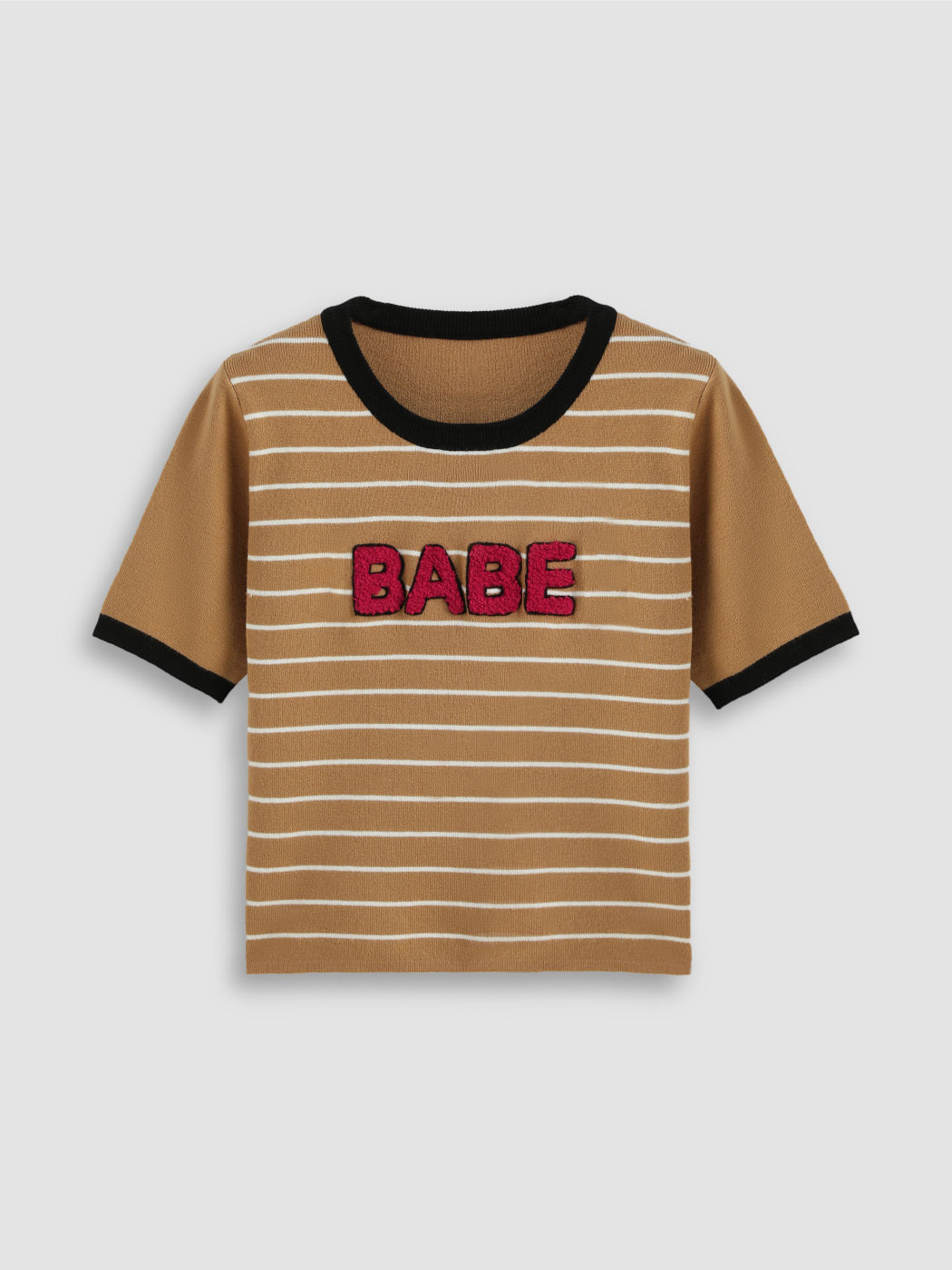 Babe Round Neck Striped Contrasting Binding Knitted Short Sleeve Tee