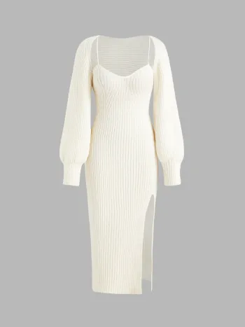 Abito midi con spacco e spalline sottili in maglia solida e coprispalle