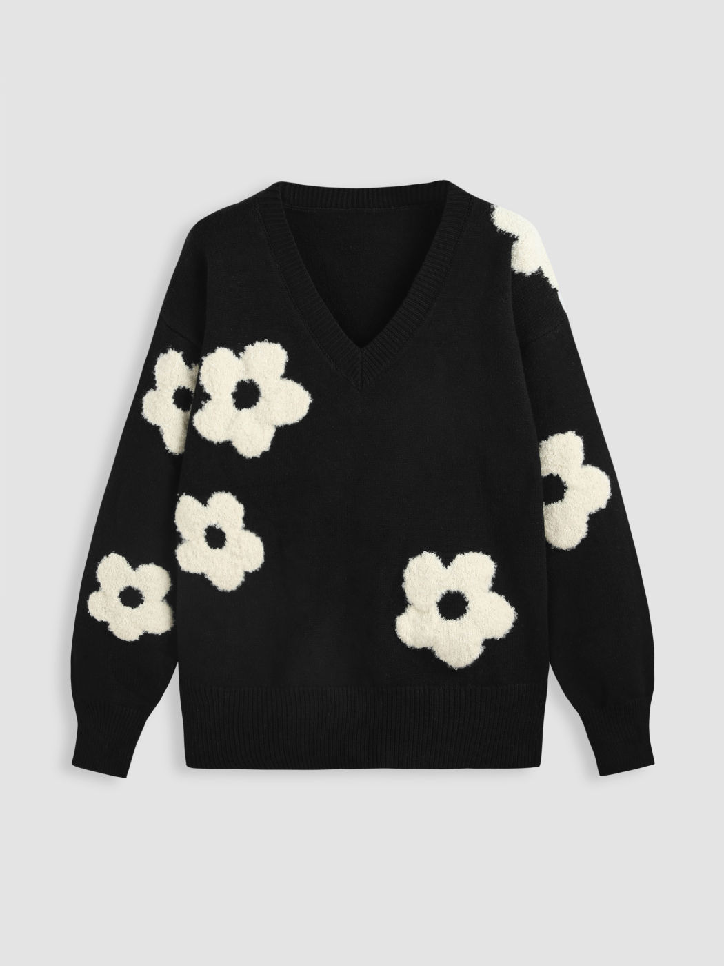 V-Ausschnitt Grafikblume Strickwaren Pullover