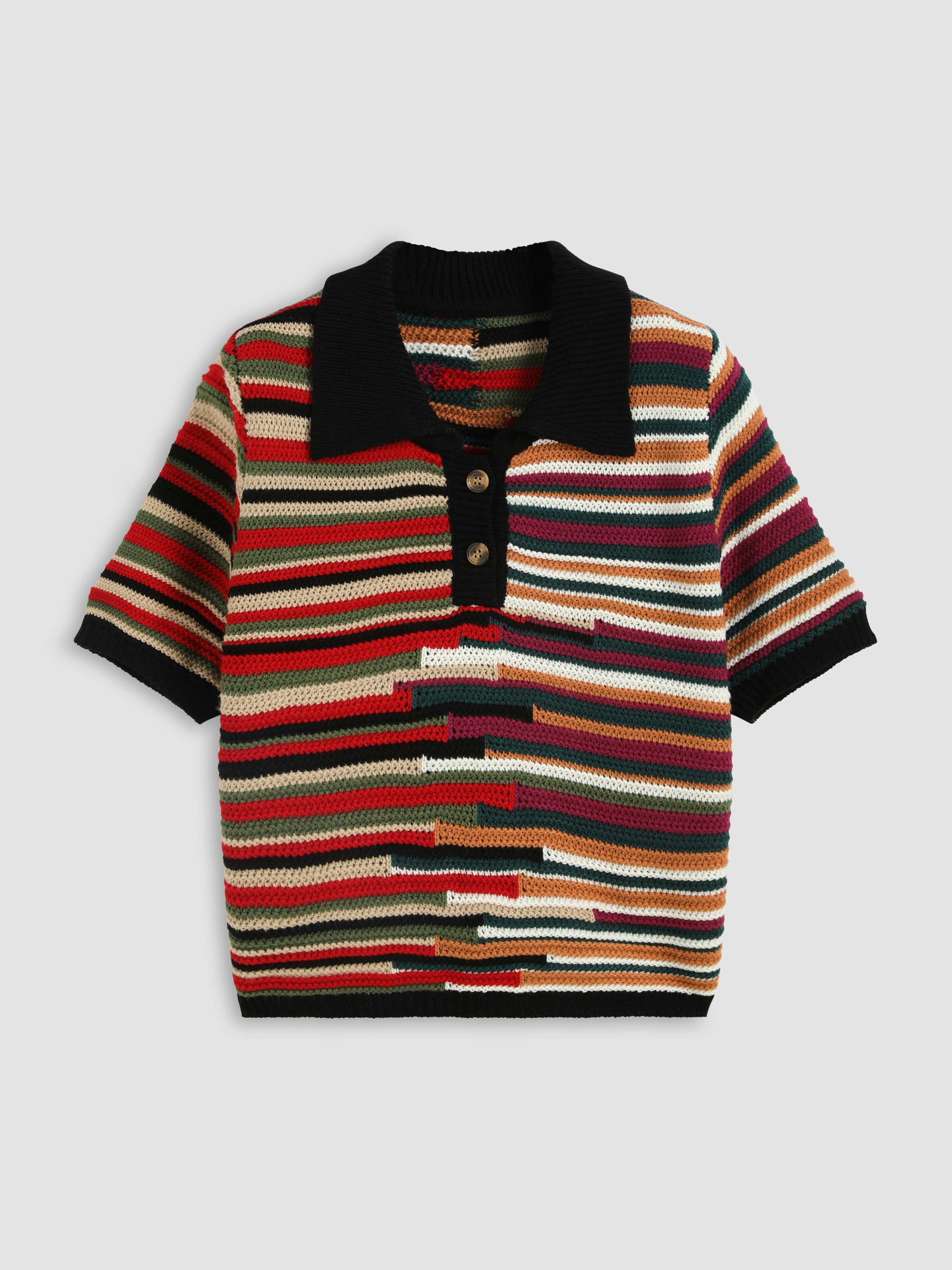 Polo Striped Knitted Short Sleeve Top Curve & Plus For Daily