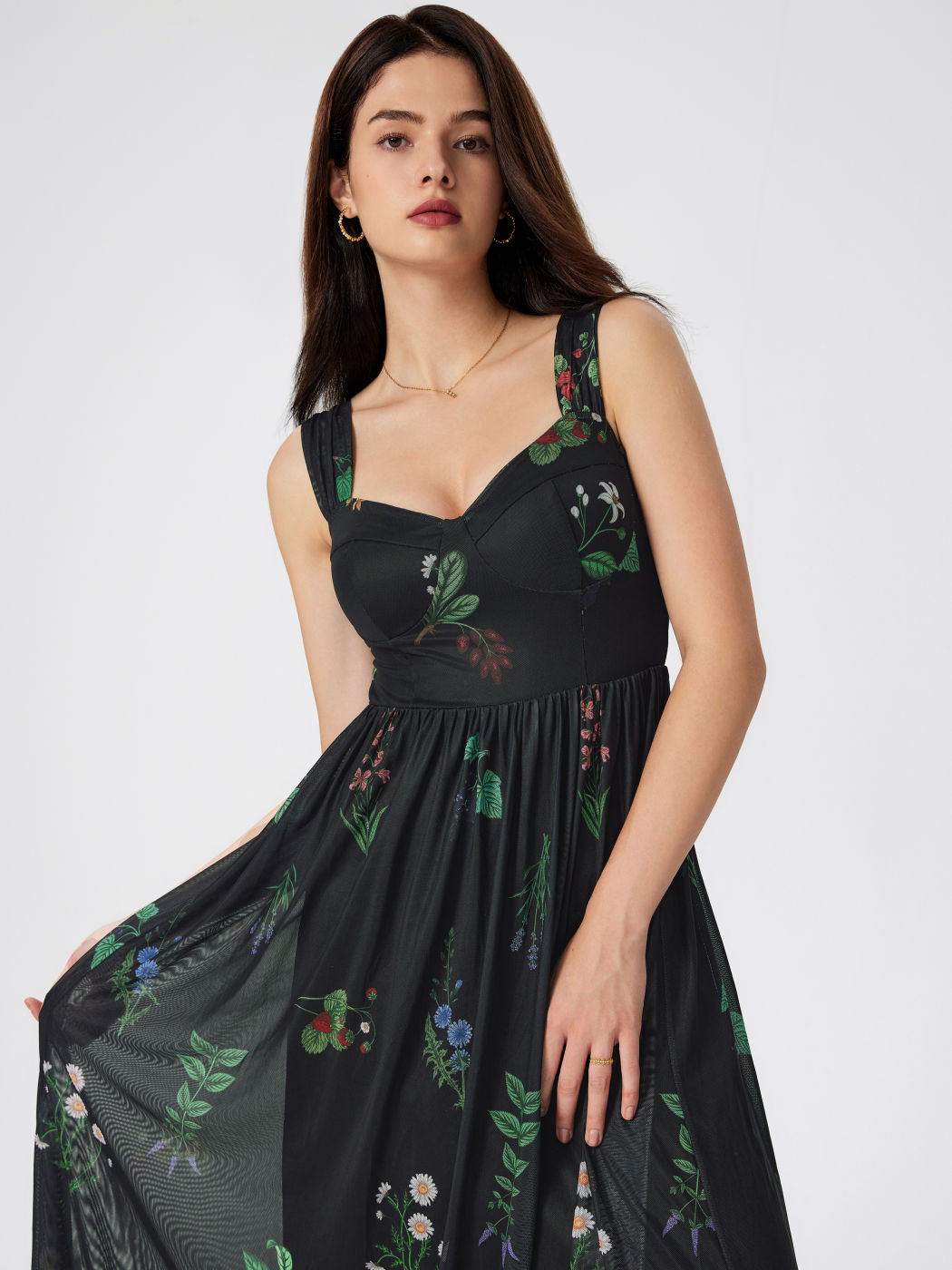  Quadratischer Ausschnitt Blumen Maxikleid