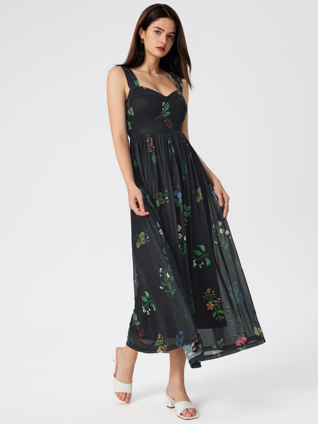  Quadratischer Ausschnitt Blumen Maxikleid