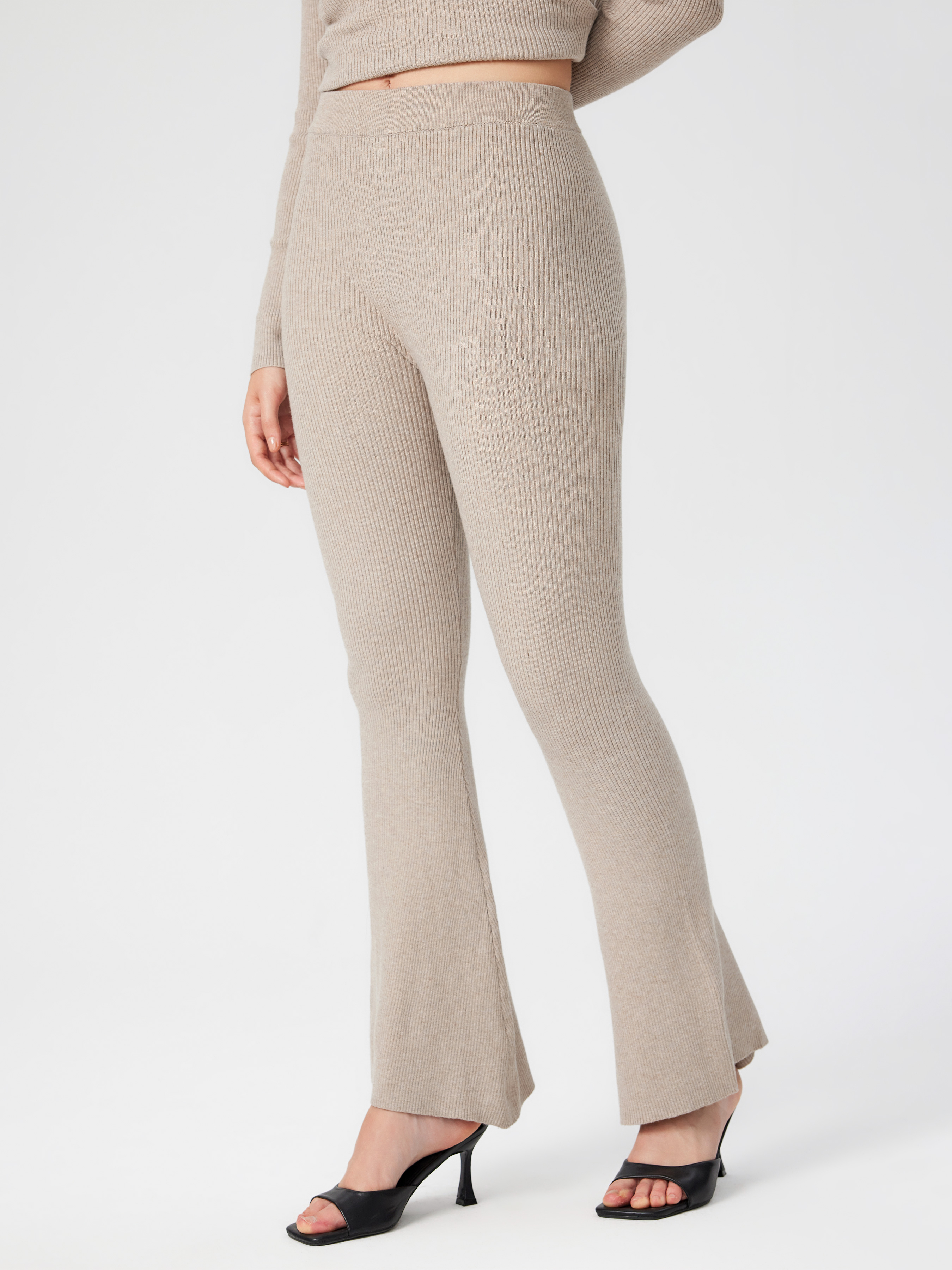 Knit Mid Waist Solid Split Flared Trousers Cider