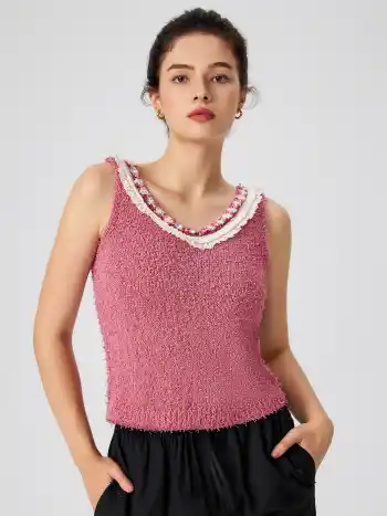  Strick V-Ausschnitt Einfarbige Spitzenbesatz Crop Cami Oberteil