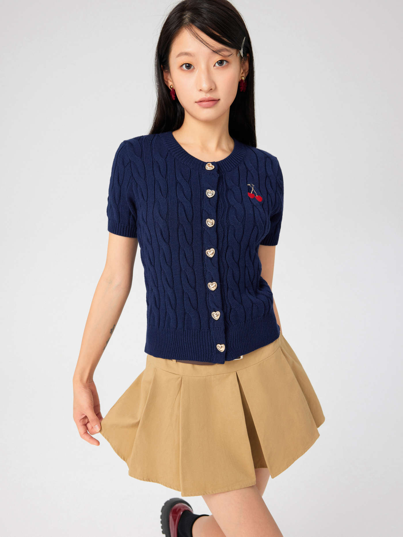 Knit Round Neckline Cherry Graphic Heart Button Short Sleeve Top