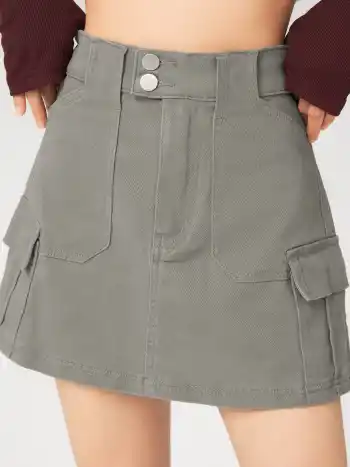 Stretch Denim Cargo Knopf Minirock