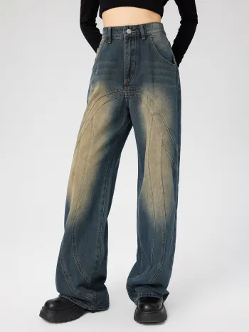 Mittlere Taille gewaschene Knopfgerade Jeans