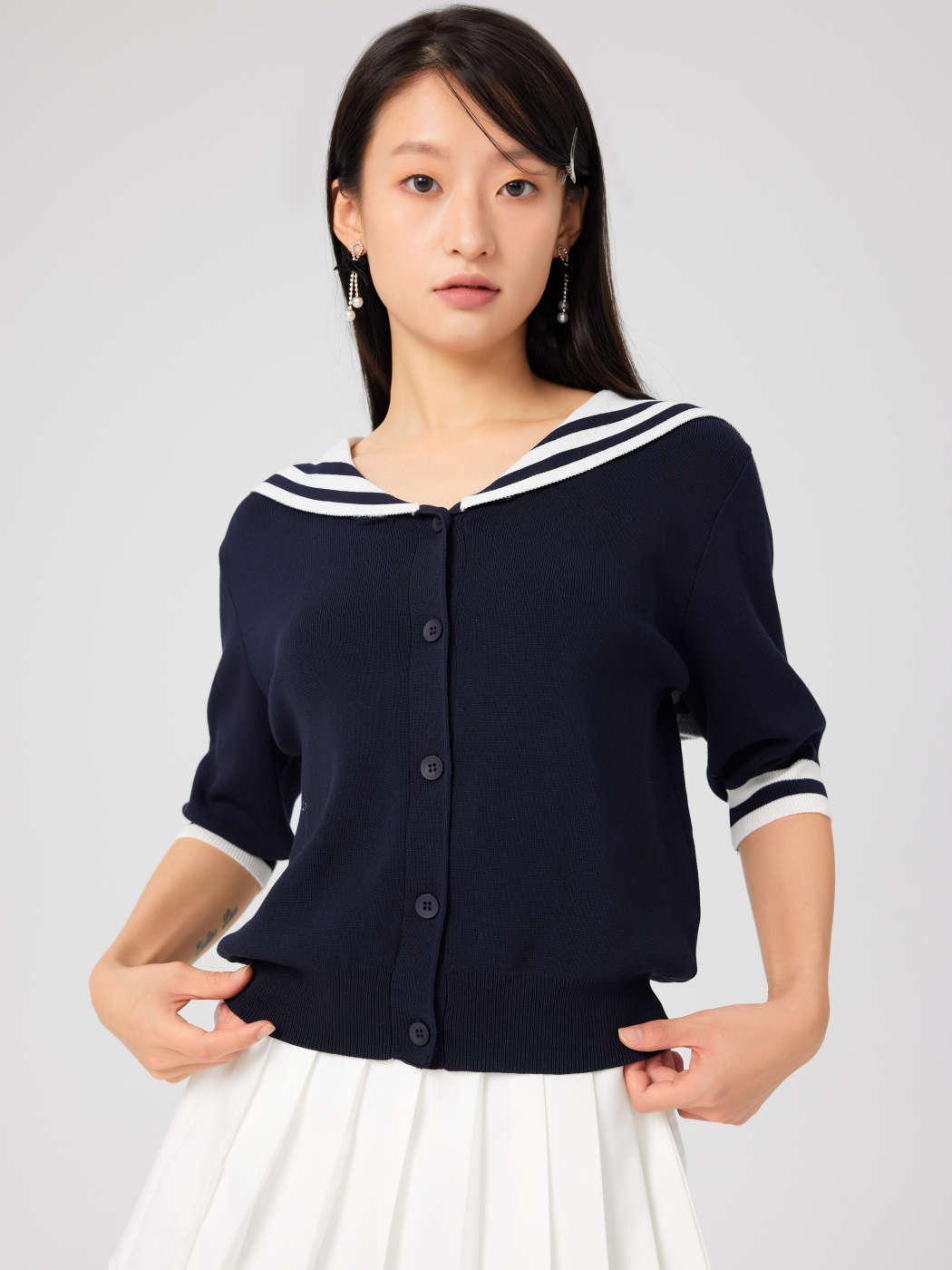 Tessuto in maglia Top a manica corta con colletto alla marinara in