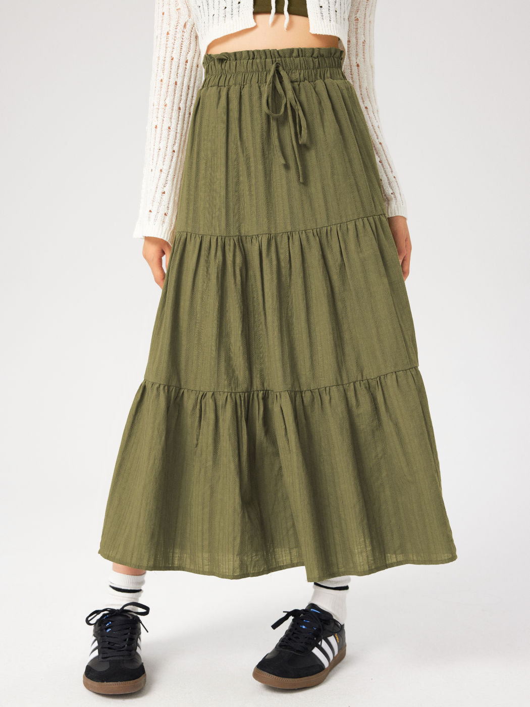 Texture Knotted Ruffle Tiered Midi Skirt