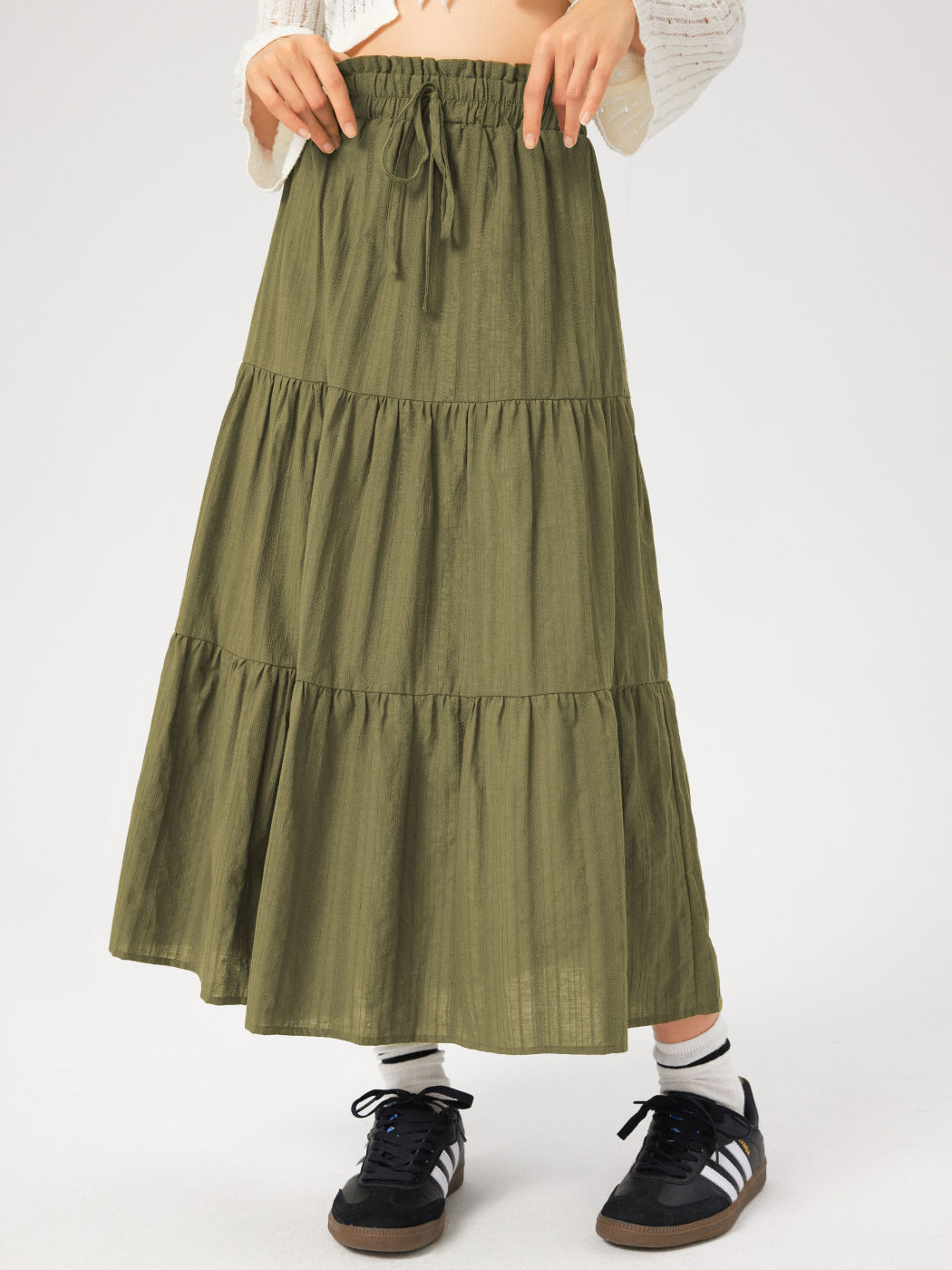Texture Knotted Ruffle Tiered Midi Skirt