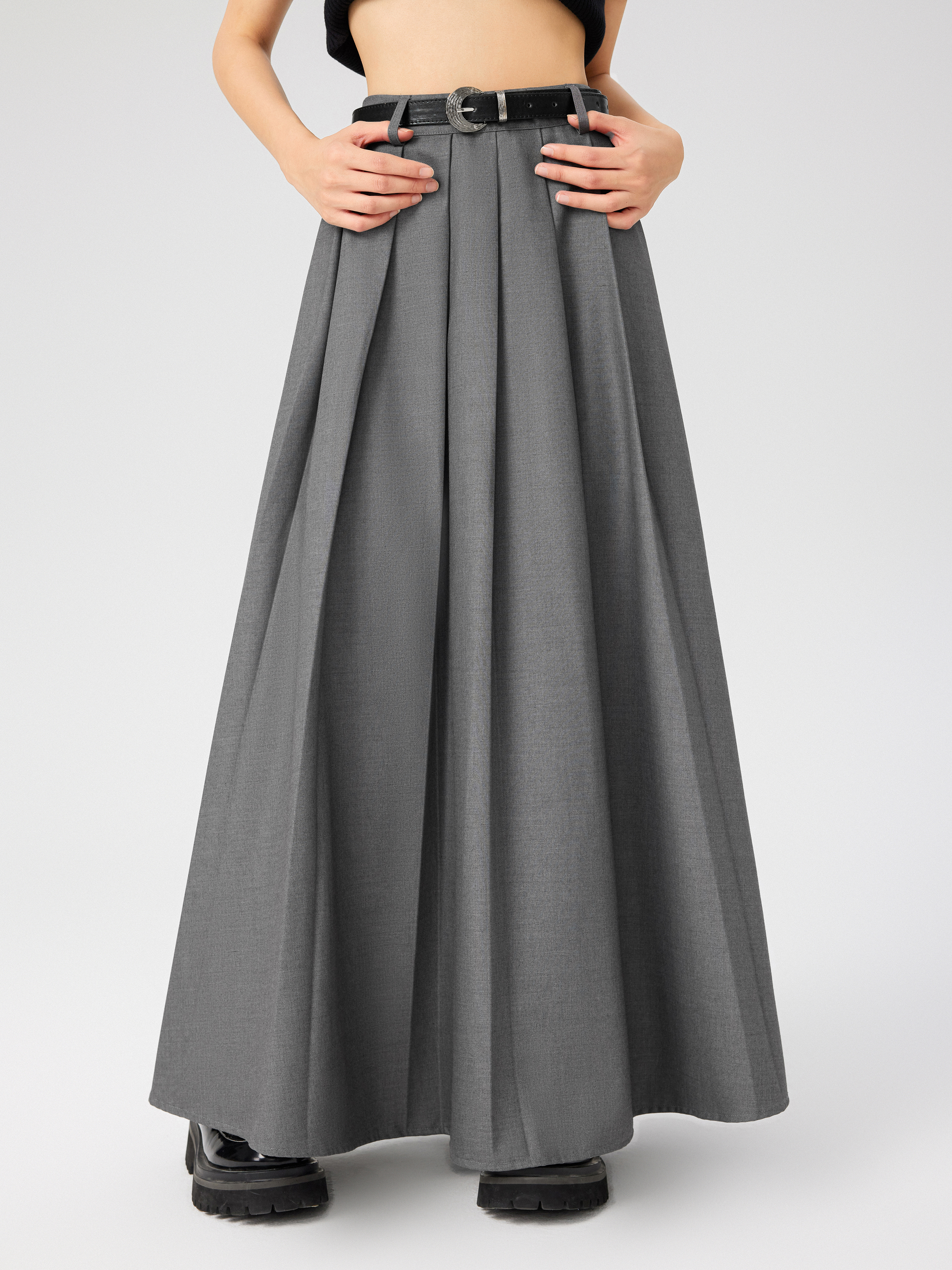 Solid Mid Waist Pleated Maxi Skirt With Belt