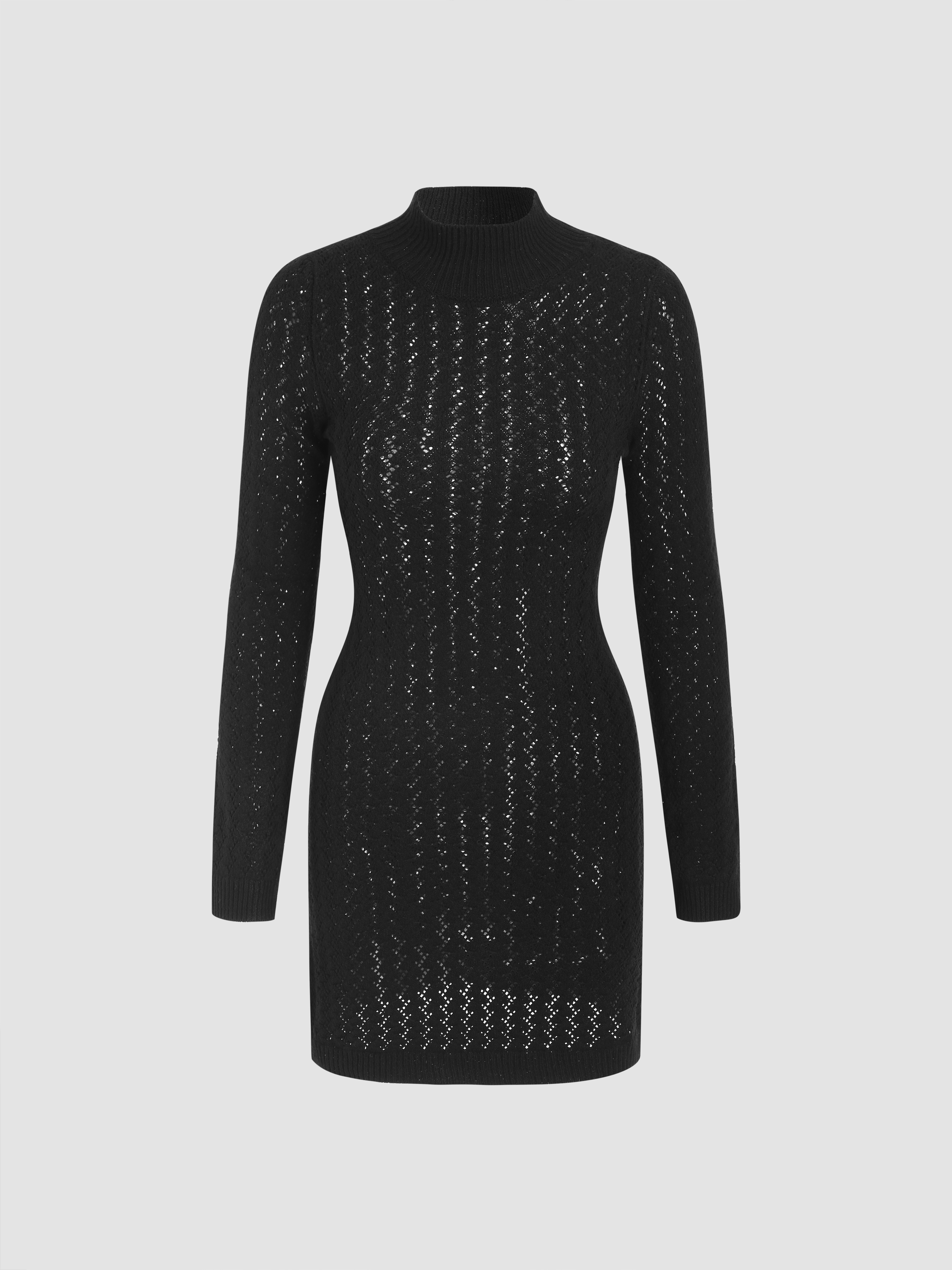 Knit Fabric Knit Stand Collar Solid Mini Dress For Daily