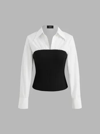 Collar Patchwork Button Long Sleeve Blouse