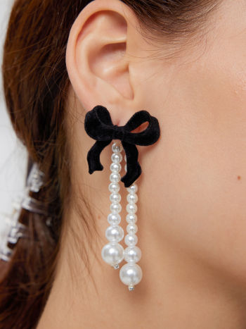 Artifical Pearl Multi-way Bowknot Decor Faux Pearl Tassel Earrings For ...
