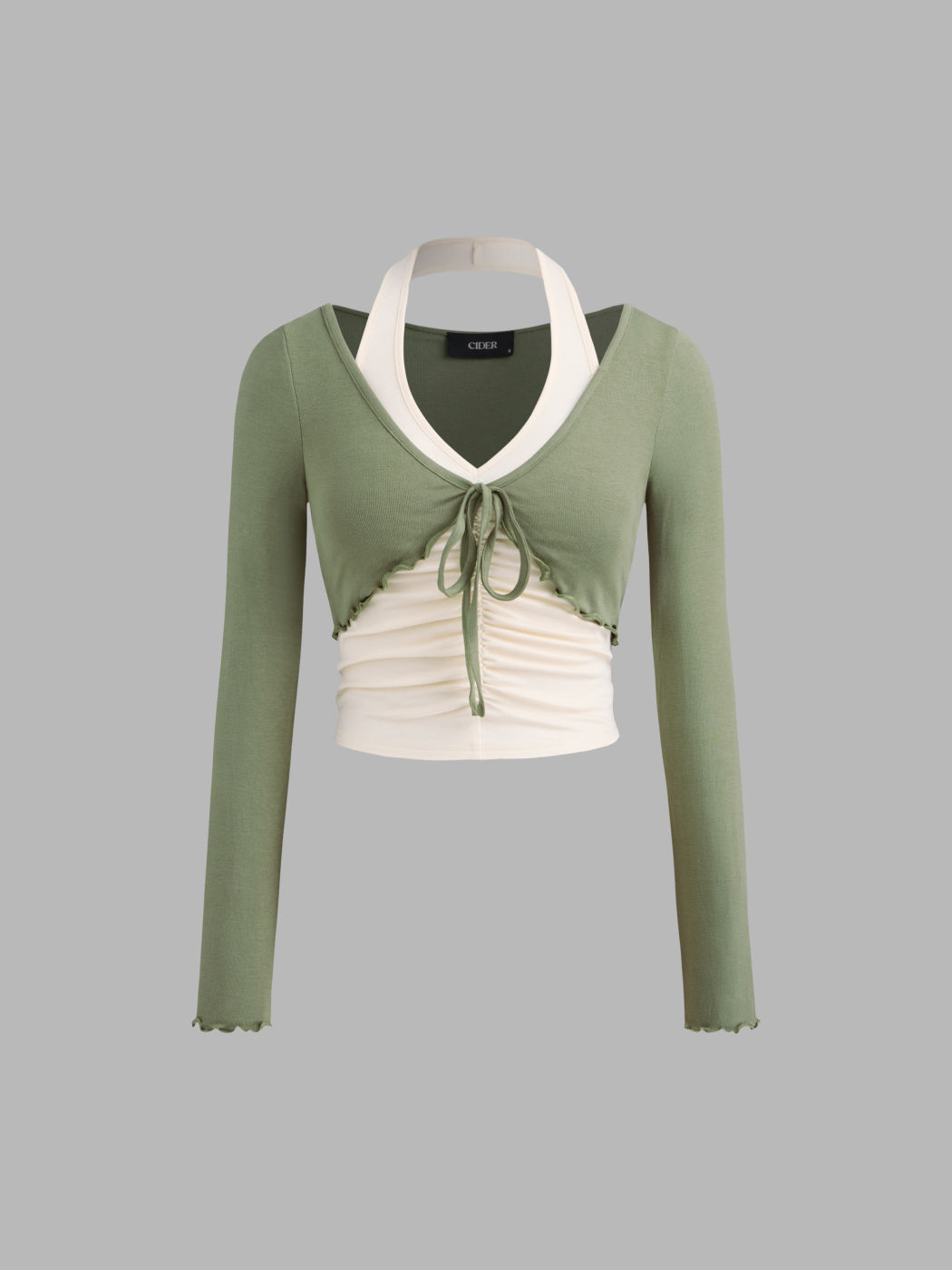 V-neck Faux Two-piece Drawstring Long Sleeve Top