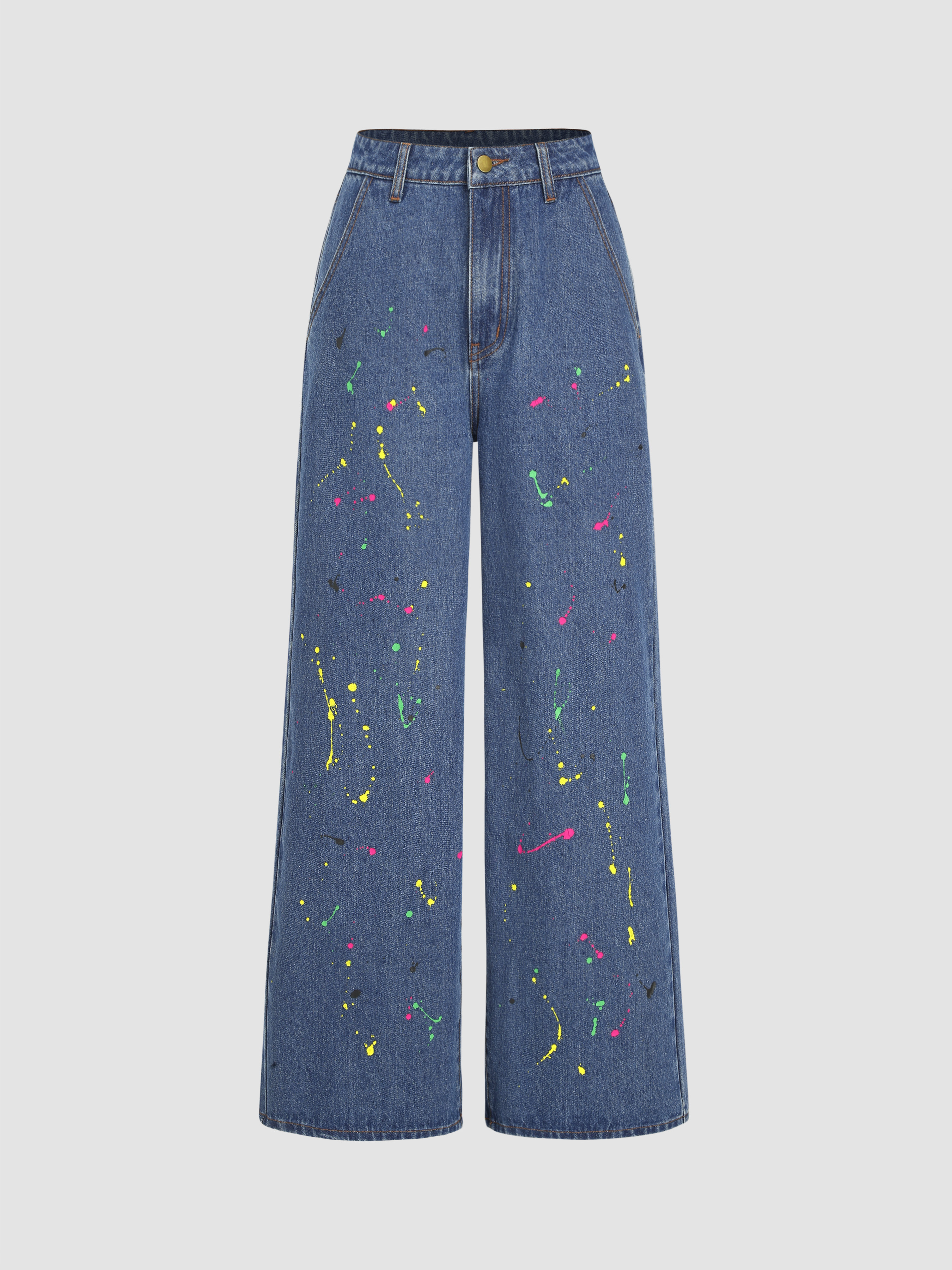 High Waist Color Ink Pocket Wide Leg Trousers Jeans Cider