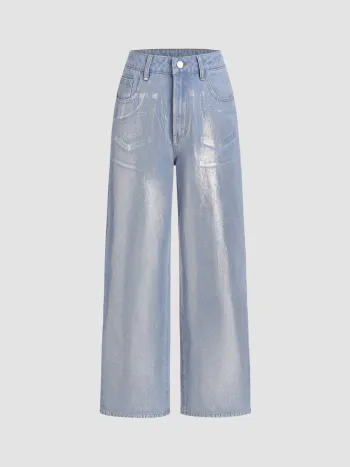  Denim Mittlere Taille Metallische Tasche Gerade Bein Jeans
