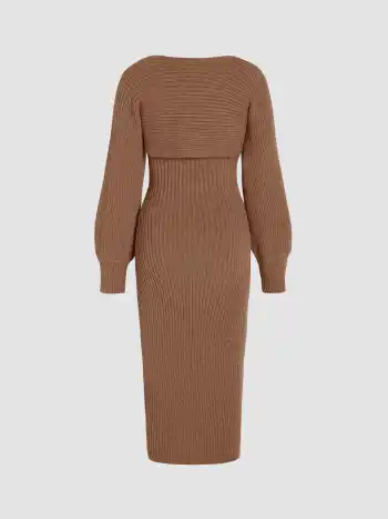 Einfarbiges Strick-Cami-Mididress mit Schlitz und Schal