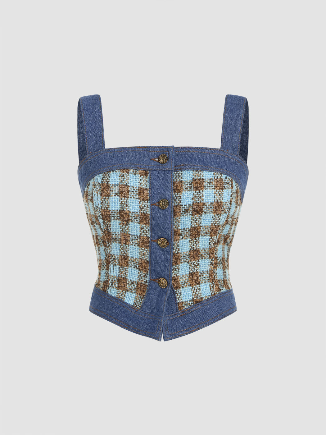  Tweed Quadratischer Hals Check Kontrastierende Bindung Jeans Crop Top