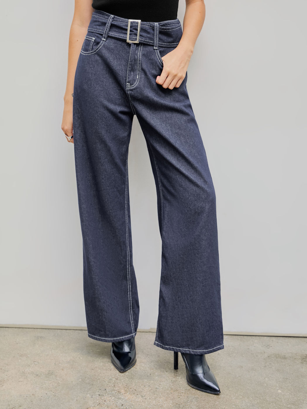 High Waisted Wide Leg Denim Pants Self Tie Belt main image 1