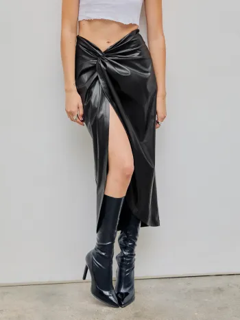 Kunstleder High Waist Twist Split Maxirock