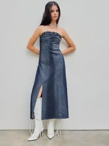  Jeanskleid mit Gürtel und Schlitz Maxi