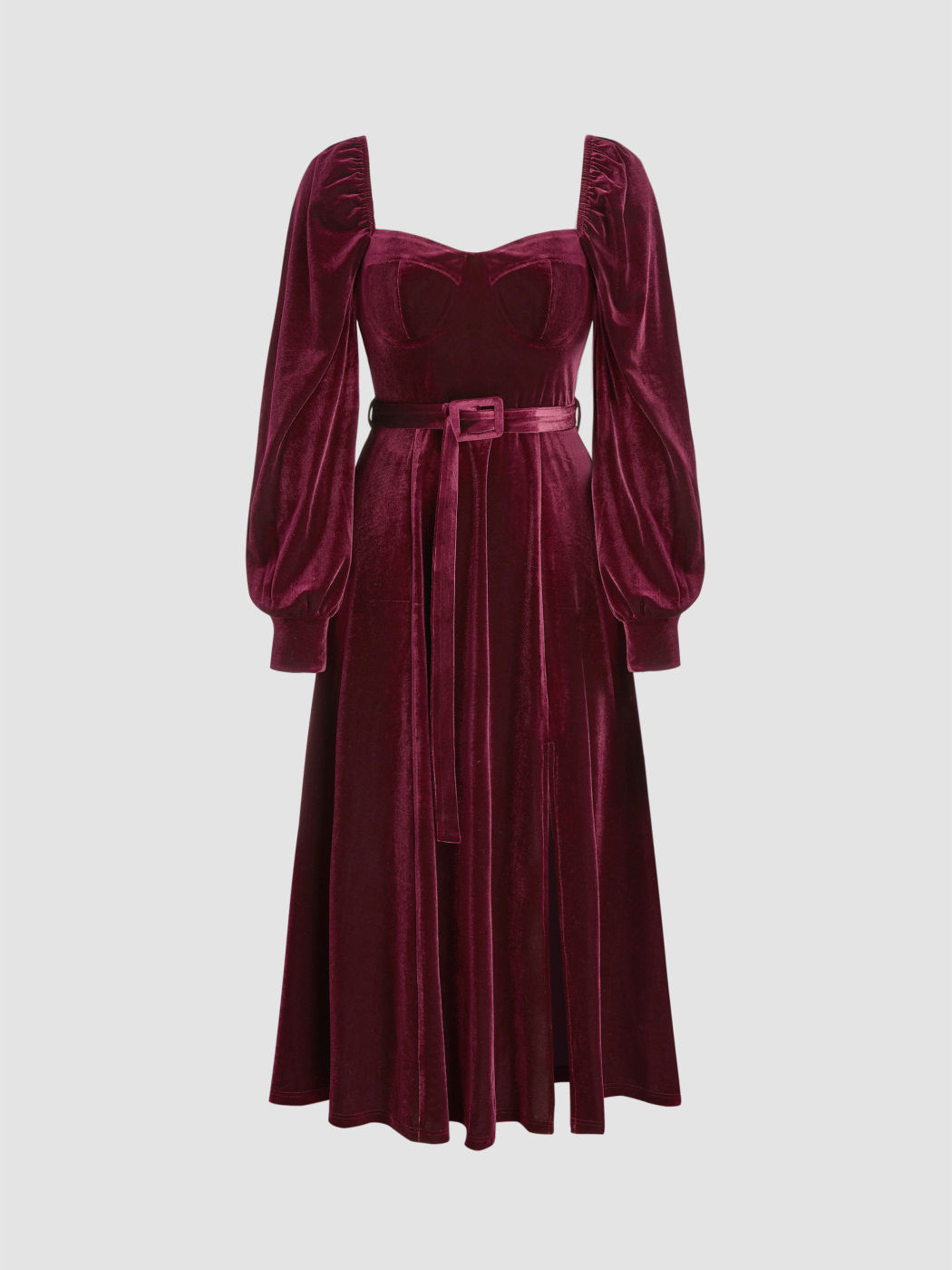 Velvet Belted Puff Sleeve Midi Dress