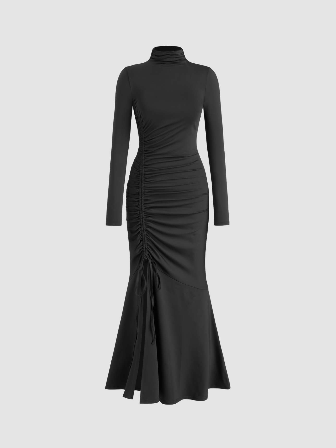 Stand Collar Solid Drawstring Mermaid Maxi Dress