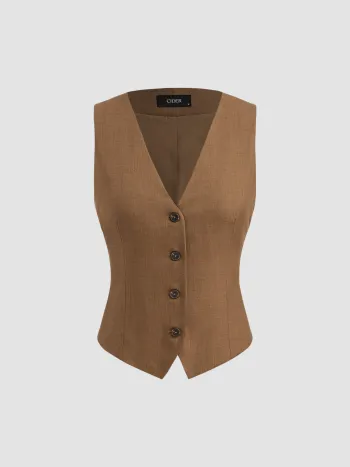 V-neck Solid Button Vest