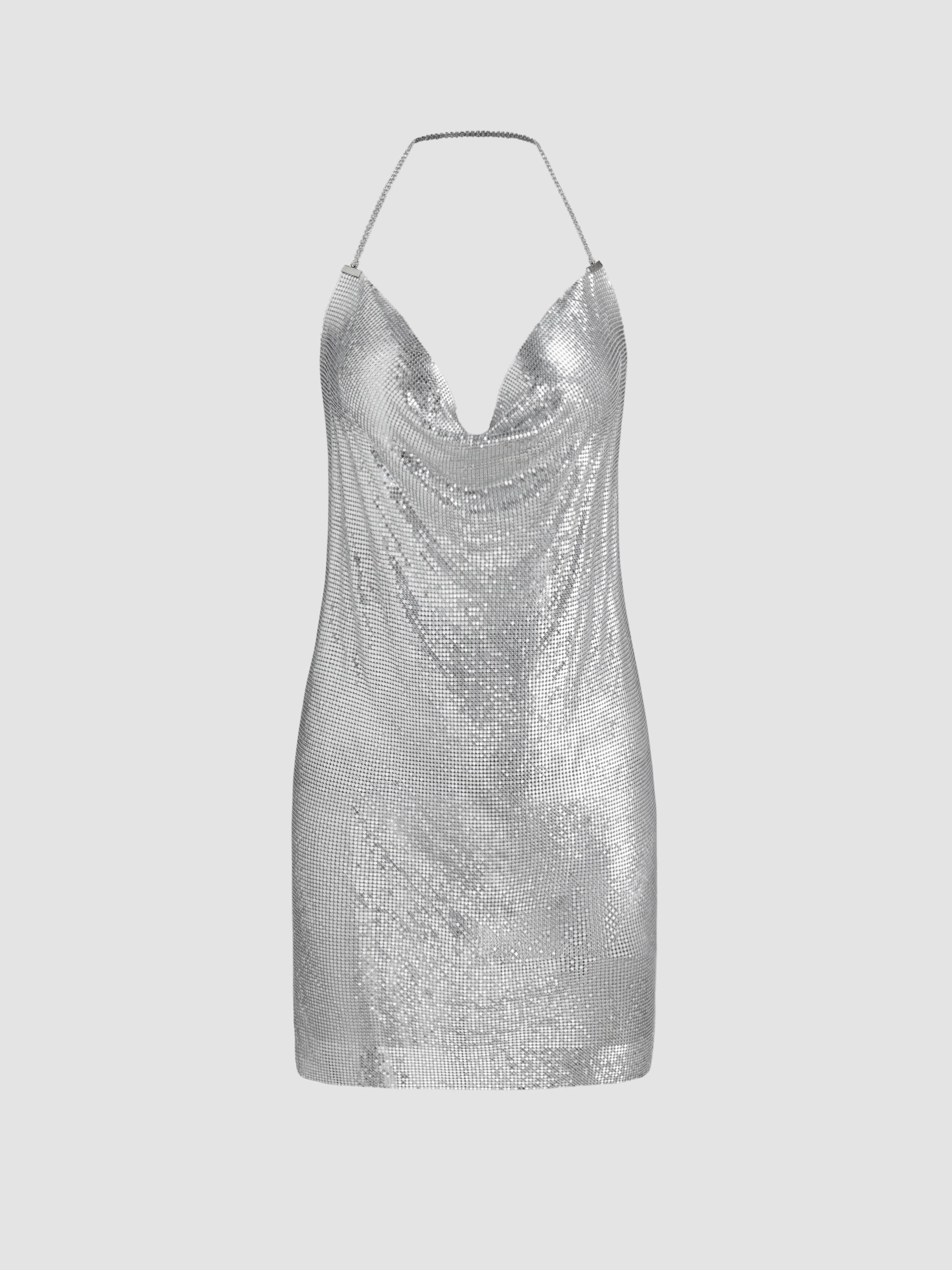 Metallic Cowl Neck Backless Mini Dress Cider