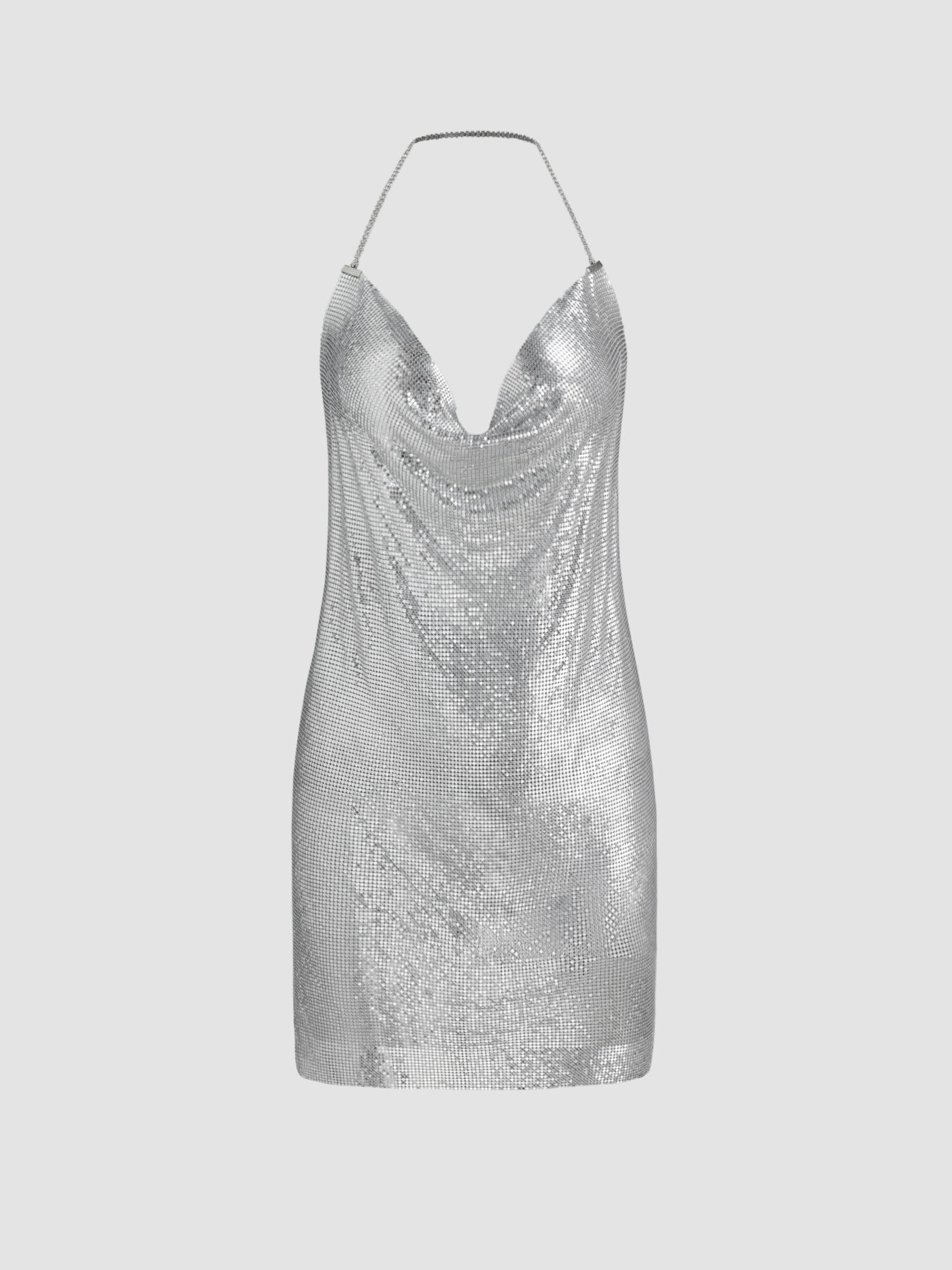 Metallic Cowl Neck Backless Mini Dress 