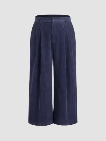 Corduroy Mid Waist Pleated Wide Leg Trousers Curve & Plus