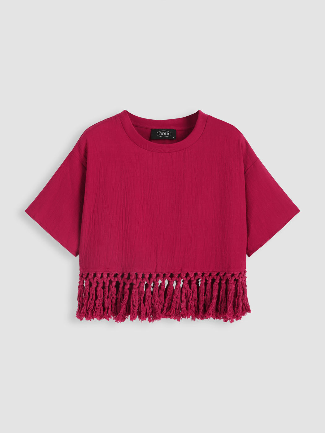 Solid Round Neckline Tassel Short Sleeve Top