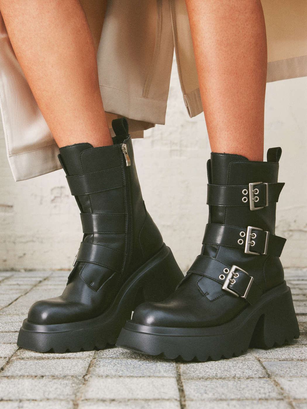 chunky black boots with buckles
