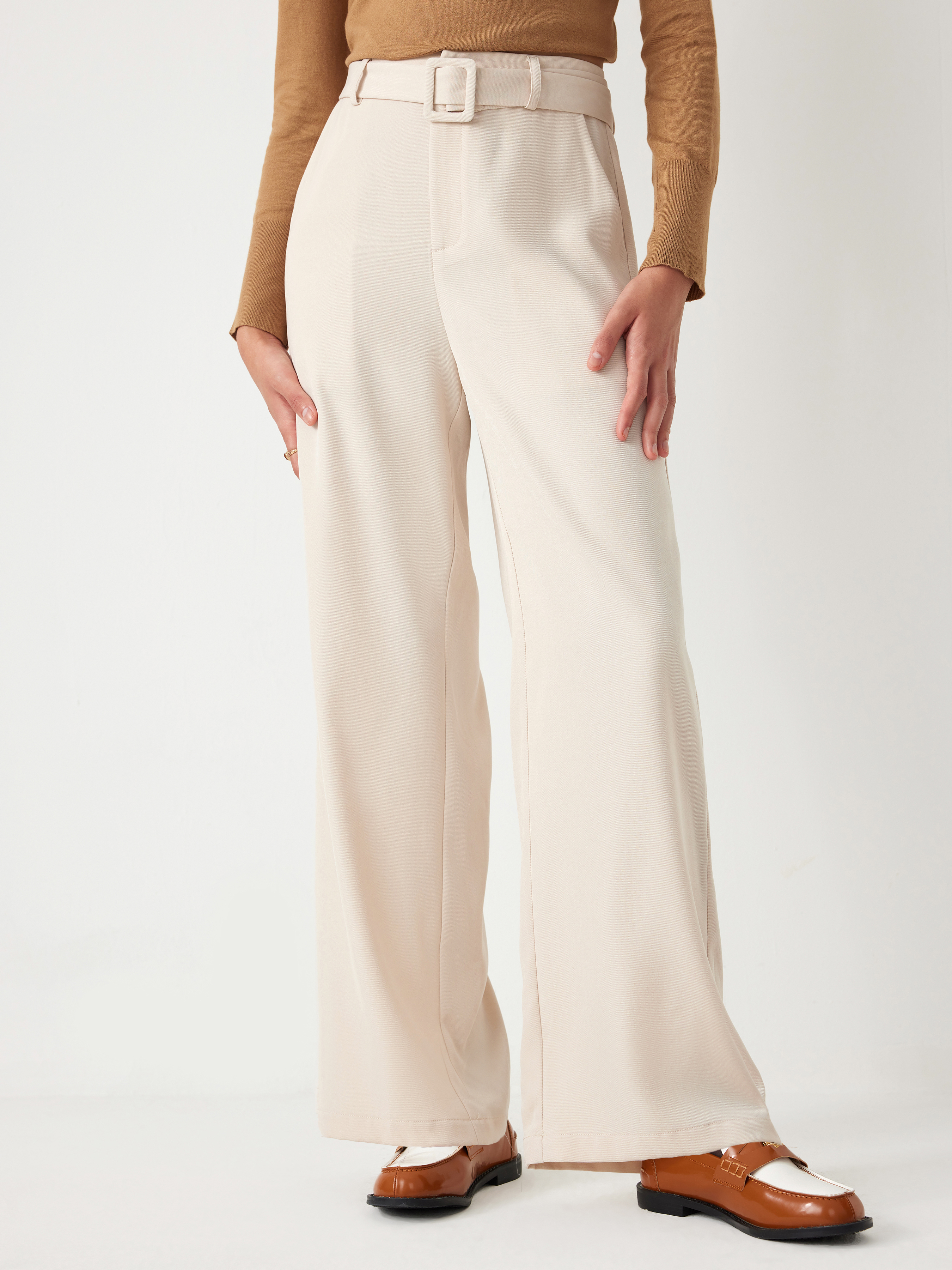 High Waist Solid Wide Leg Trousers With Belt For Daily Casual 