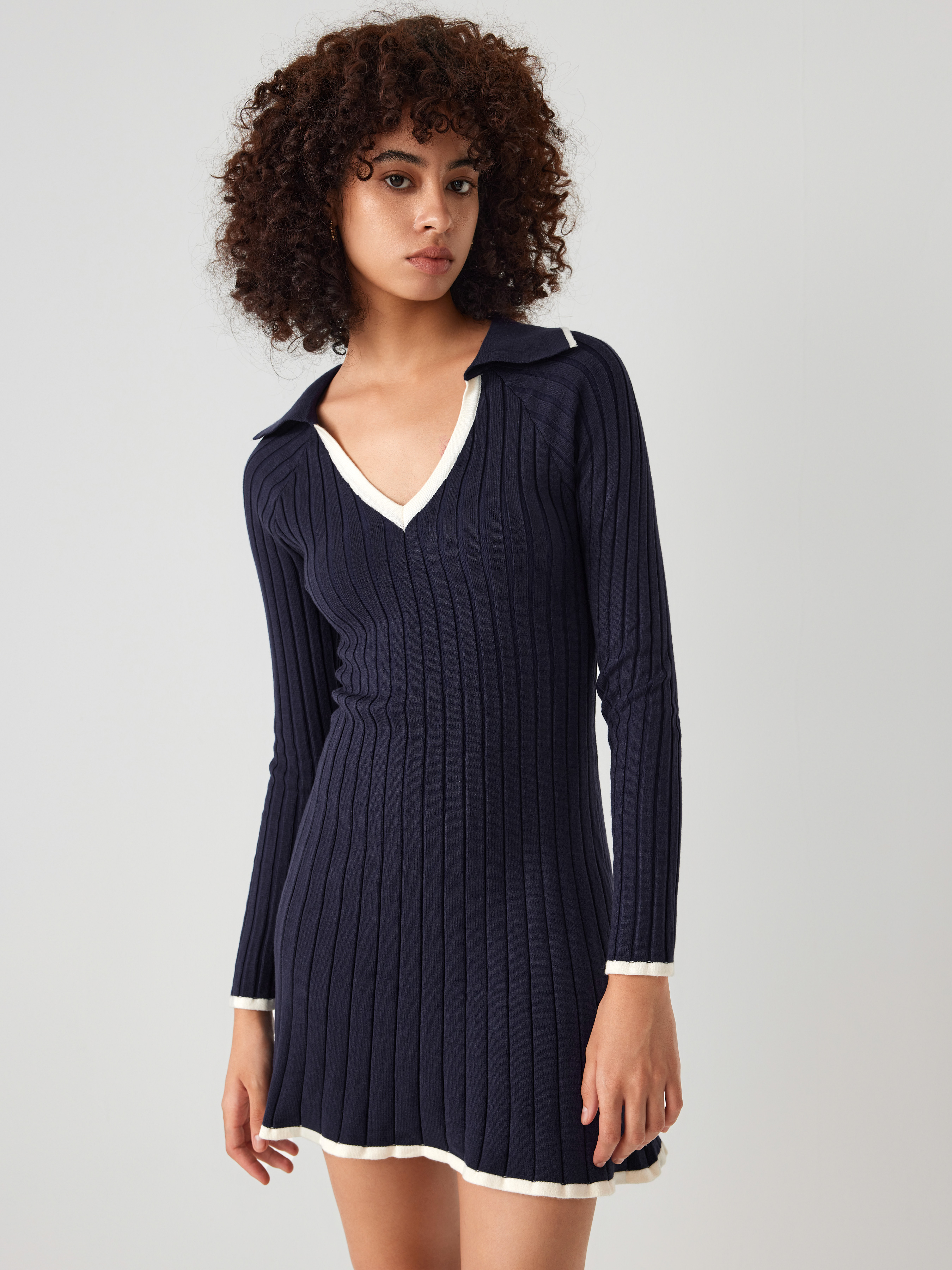 Knit V-neck Contrasting Binding Rib Dress - Cider