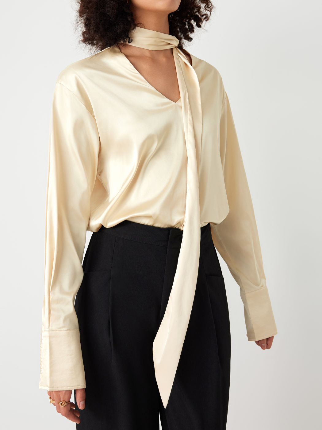 Satin Asymmetrical Neck Long Sleeve Blouse 