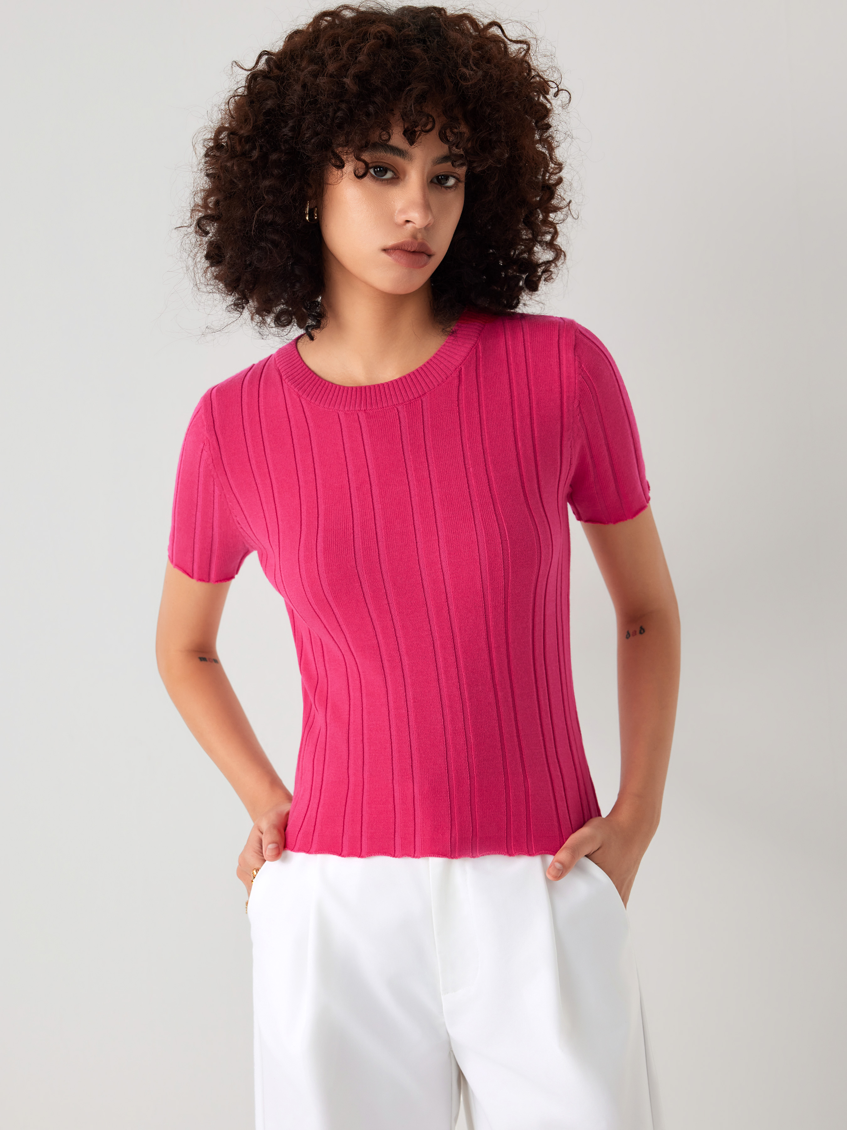 Round Neck Knit Short Sleeve Top - Cider