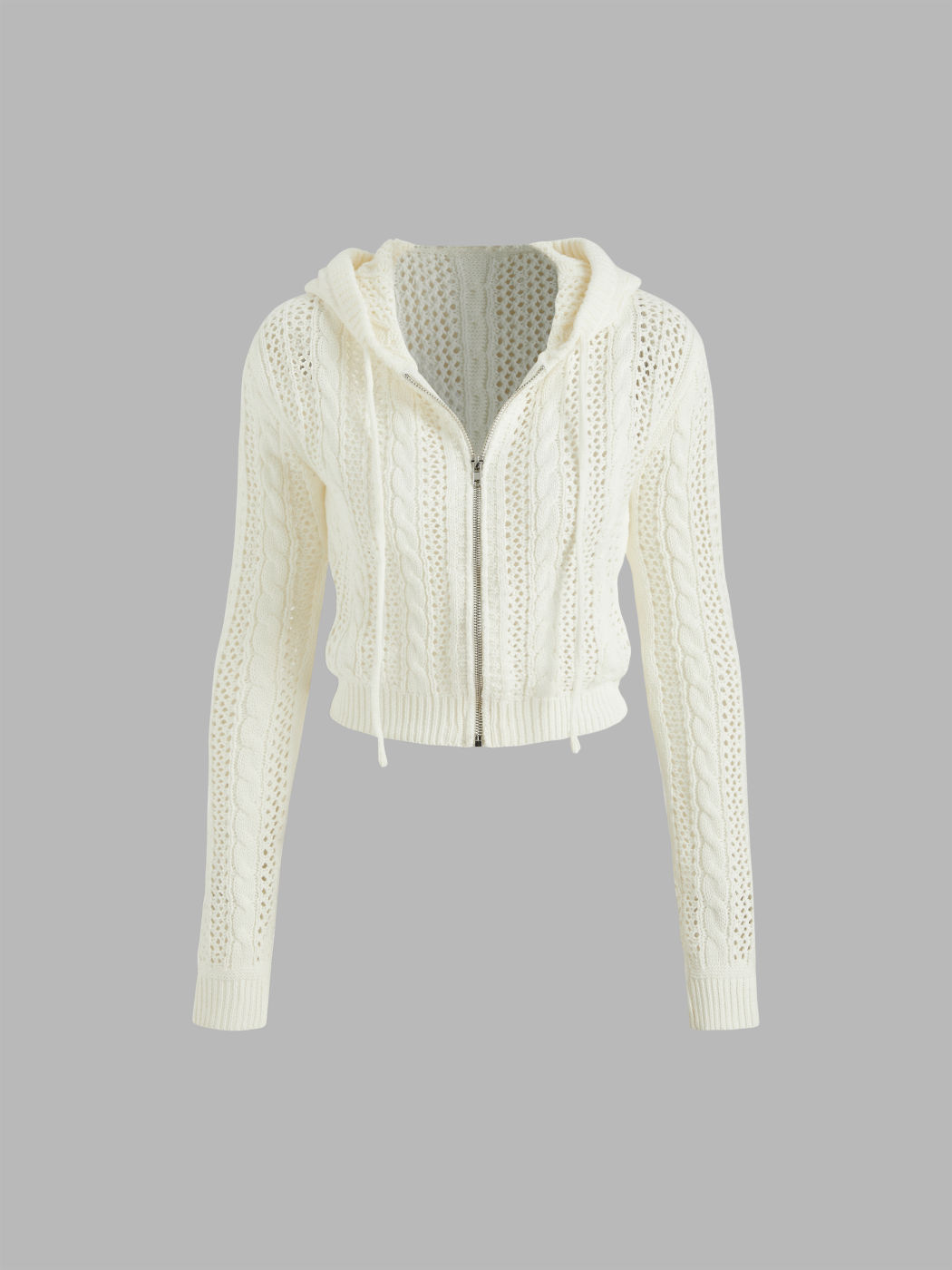 Strickjacke mit Kapuze, Reißverschluss und Ausschnitten