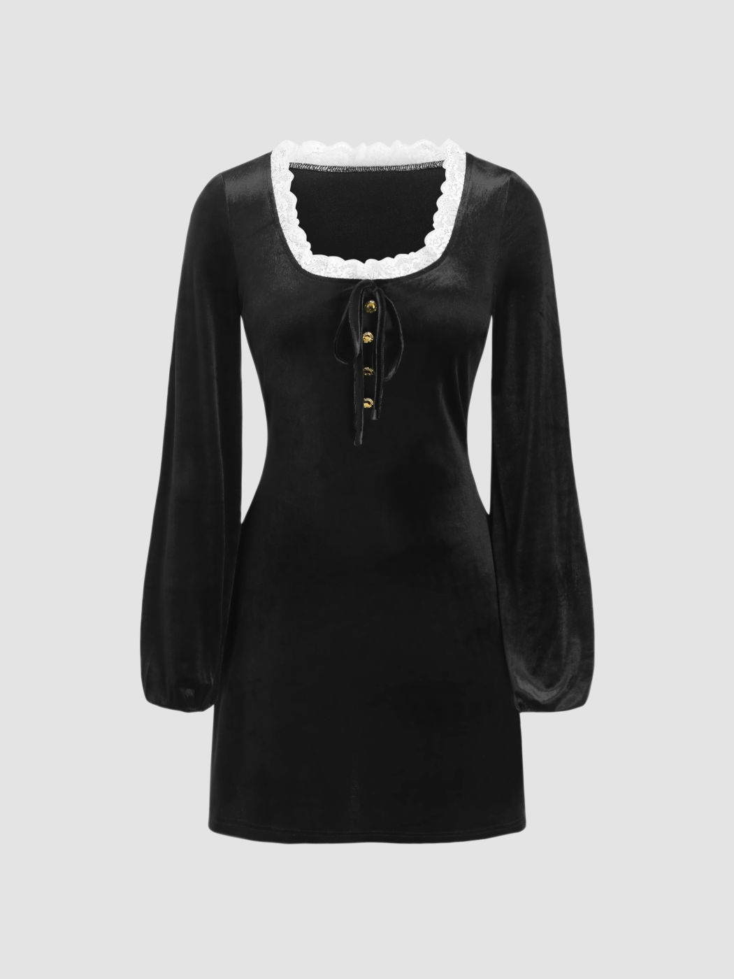  Seiden Quadratischer Ausschnitt Spitze Kordelzug Minikleid